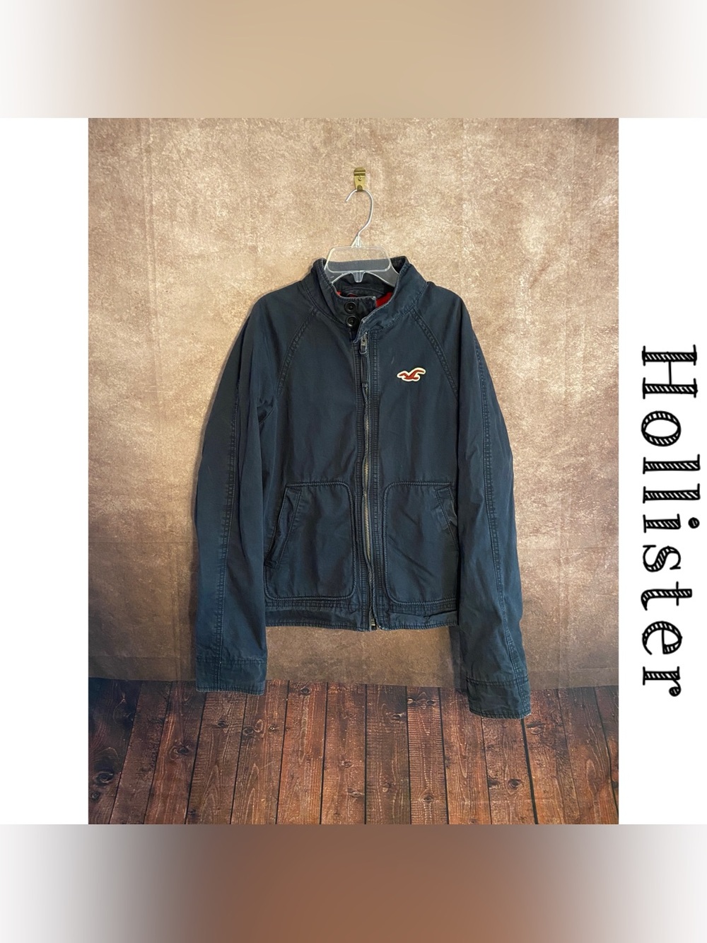 Hollister Men's Dark Navy Zip Jacket w/Embroidered Logo, fully lined-size S-EUC